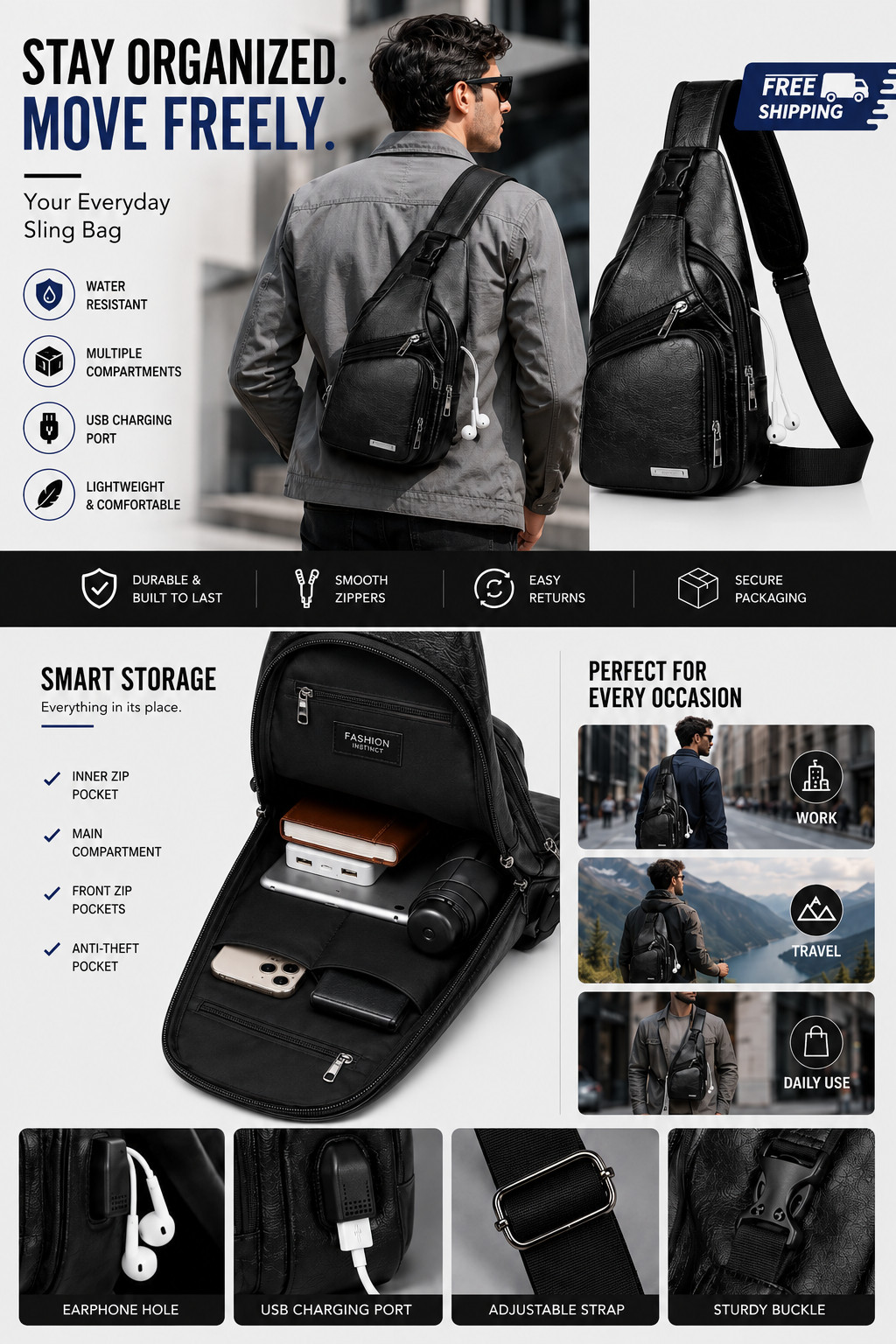 Black Chest Crossbody Bag Sling Backpack for Men with USB Charge Port