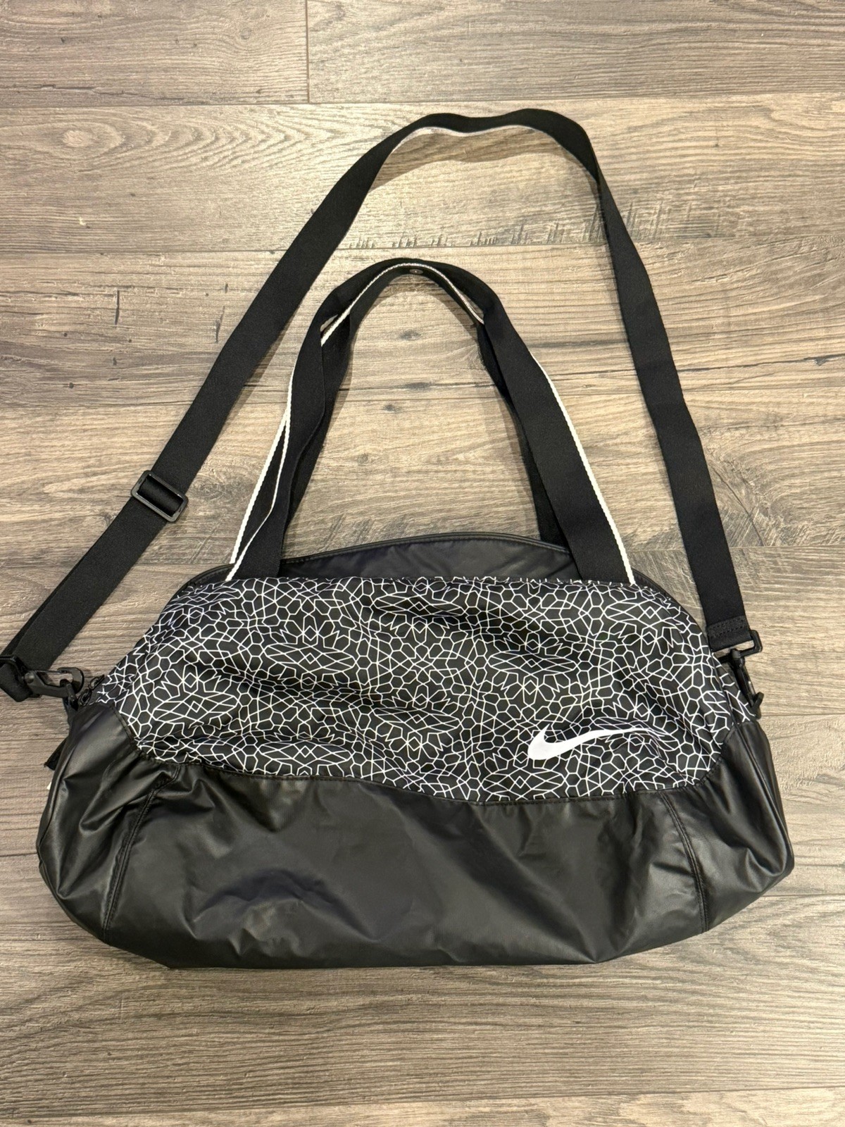 Nike Duffel Bag, Black Geometric, Travel Overnight, Gym Bag, Sports Gear