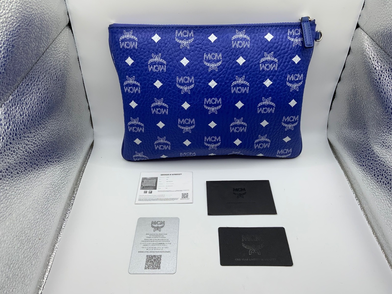 AUTH MCM Visetos Authentic Monogram Logo Clutch Bag Leather Handbag Papers & COA