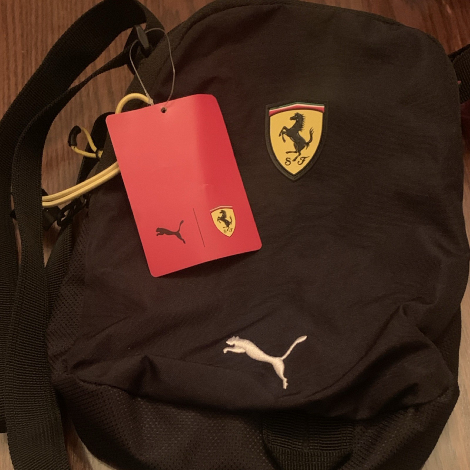 PUMA Ferrari Black Zip Shoulder Bag Sports Cars Theme for Men Casual