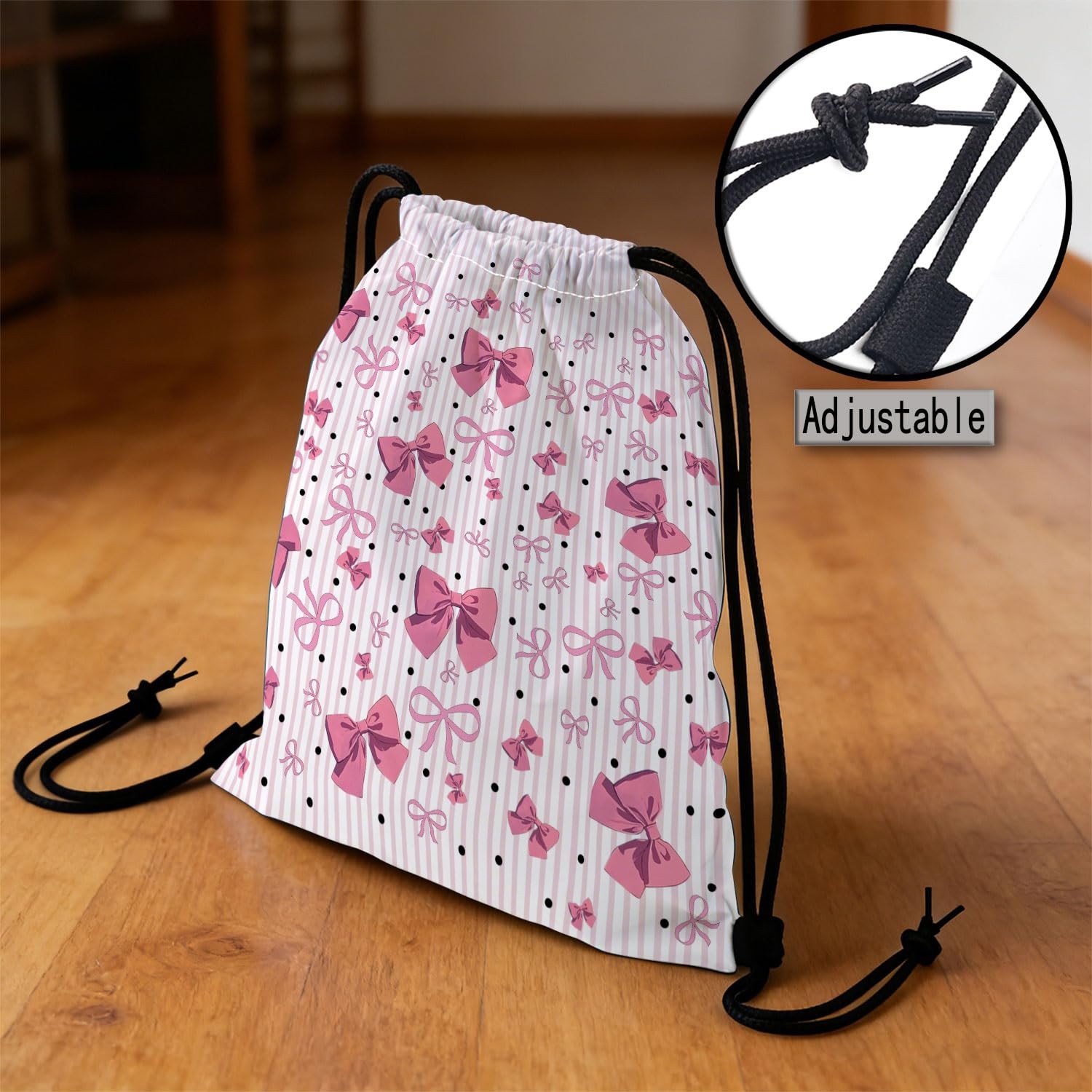 Pink Bow Knot Drawstring Backpack with Dual-Sided Print, Adjustable Cord & In…