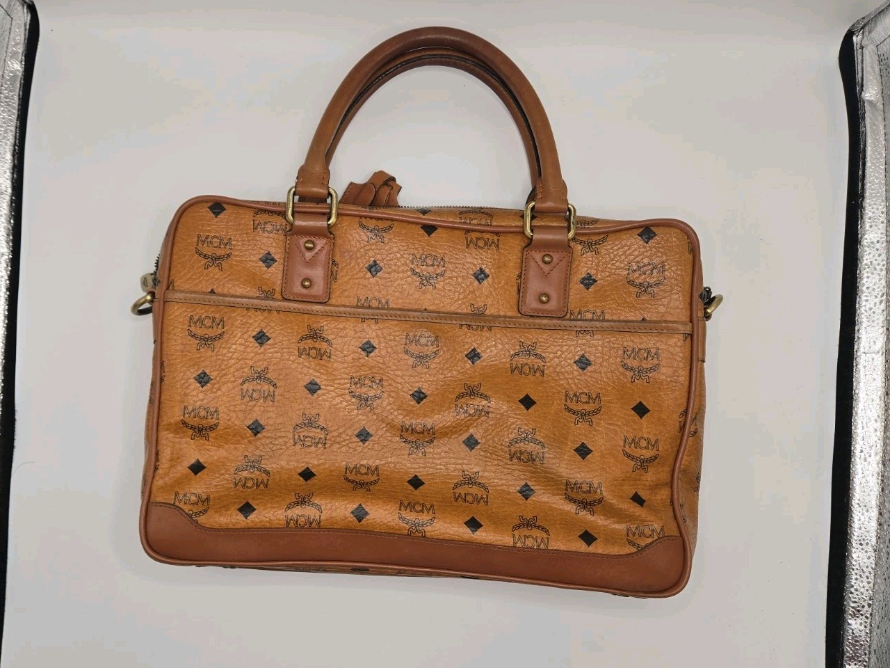 Vintage MCM Visetos Cognac Briefcase Business Bag Leather Laptop Satchel Rare