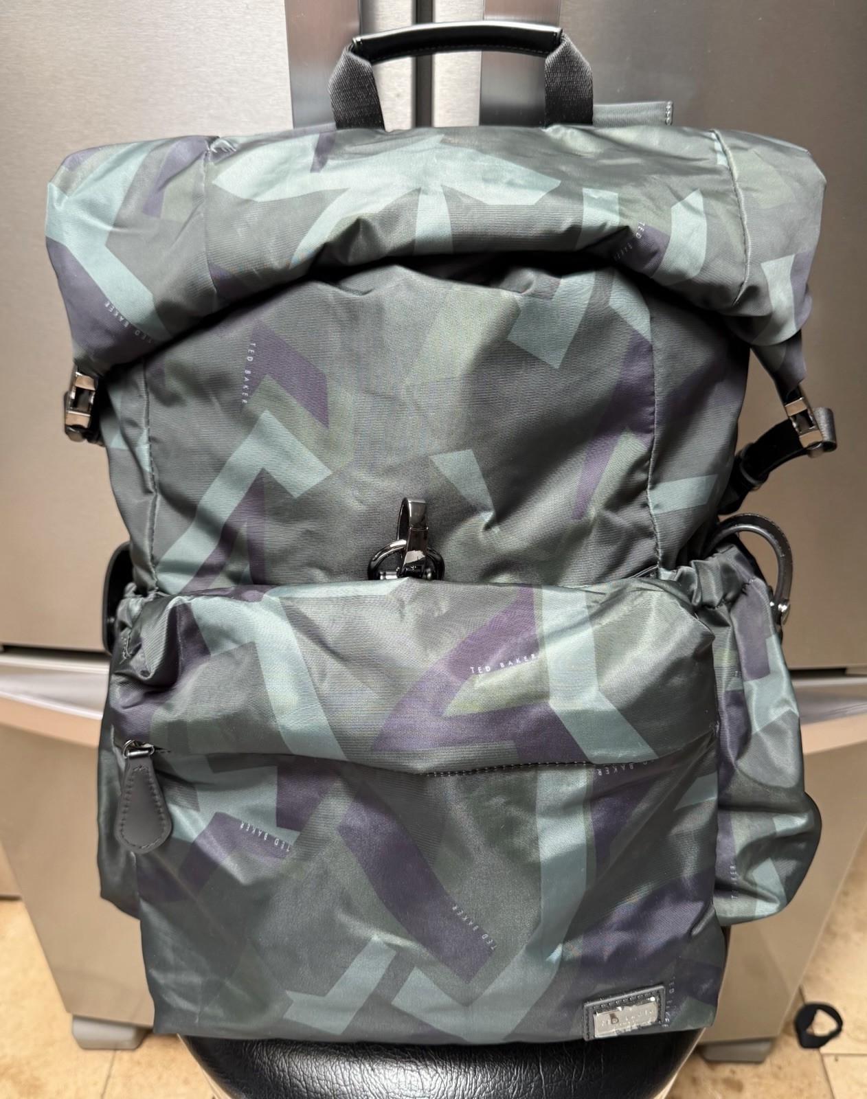Ted Baker London Green Camo Nylon Backpack Green Black Trim Buckle Logo Bag