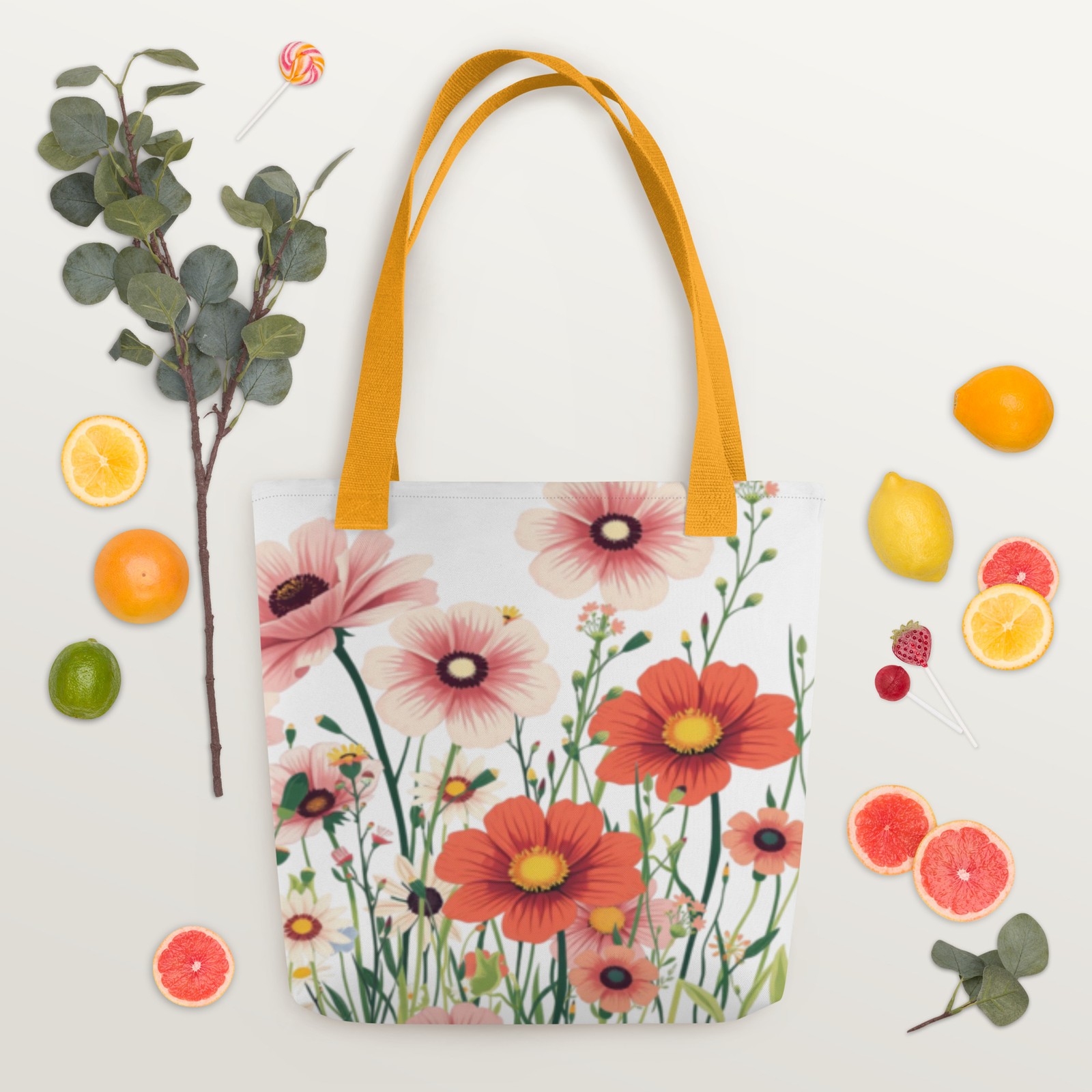 Flowers Dandelions floral yellow, red, black straps Tote bag