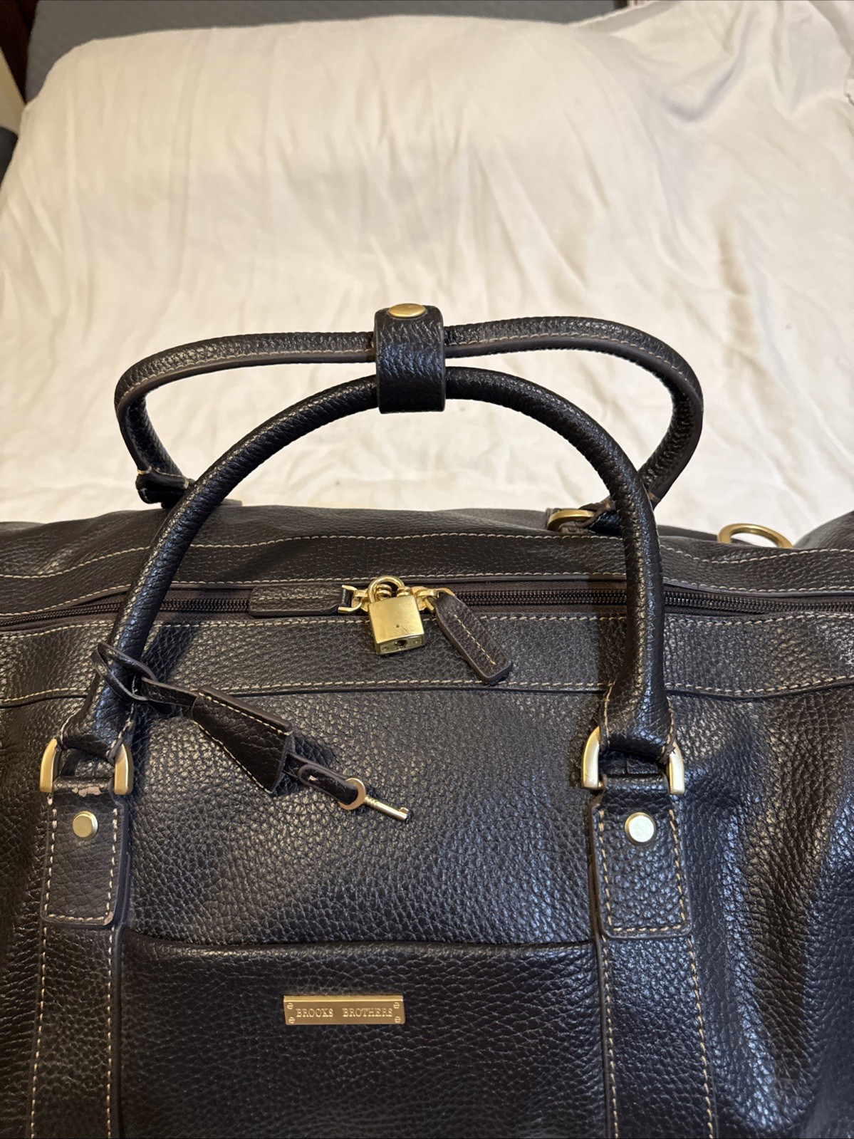 Brooks Brothers Brown Pebble Leather Duffel Bag Weekender Travel Carry On Strap