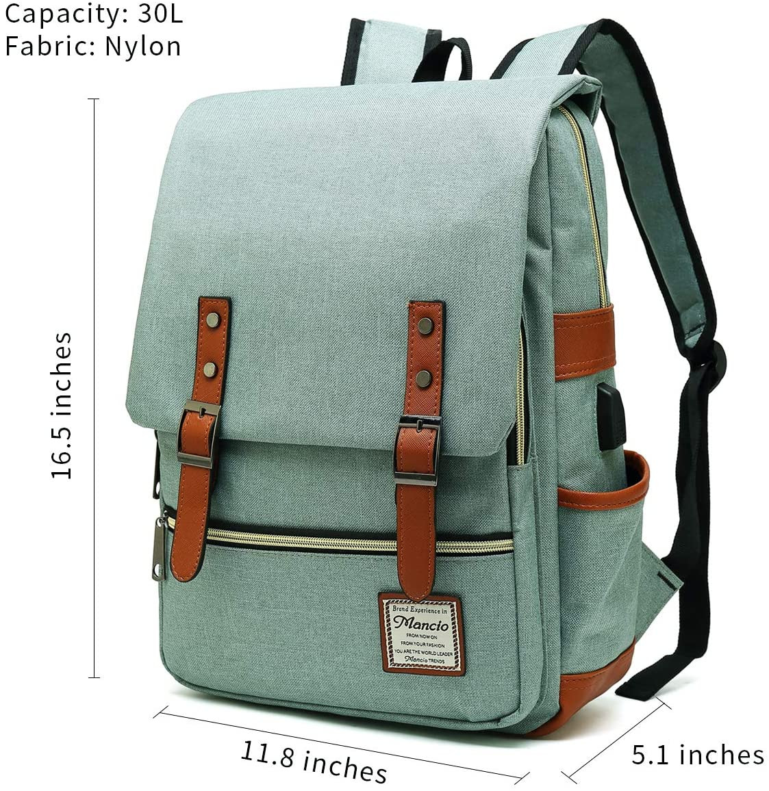 Slim Vintage Laptop Backpack with USB Port for 15.6″ Notebooks – Green