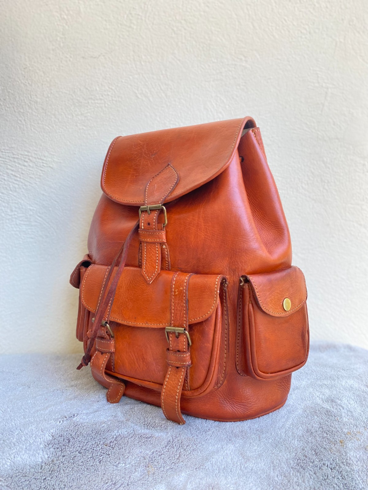 Cognac Leather Backpack Handmade Morocco 2 Pockets Genuine Leather Bag