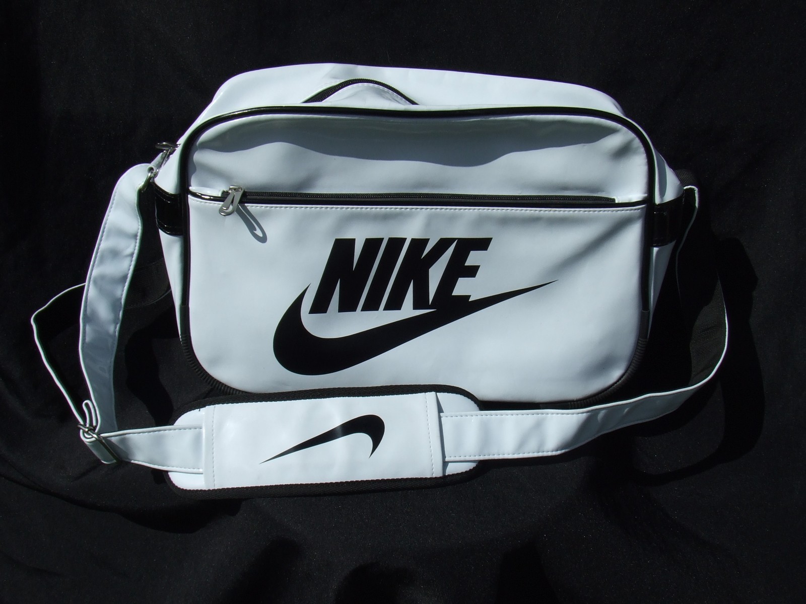 Vintage 90s Nike Patent Leather Messenger Bag Side Body White Black Swoosh Sport