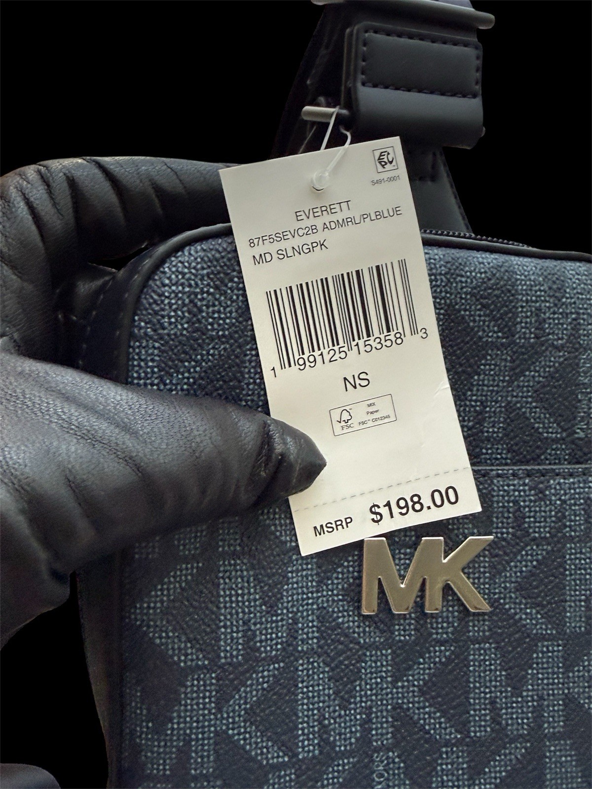 NWT Michael Kors Everett Blue Canvas Leather Adjustable Strap Unisex Sling Bag