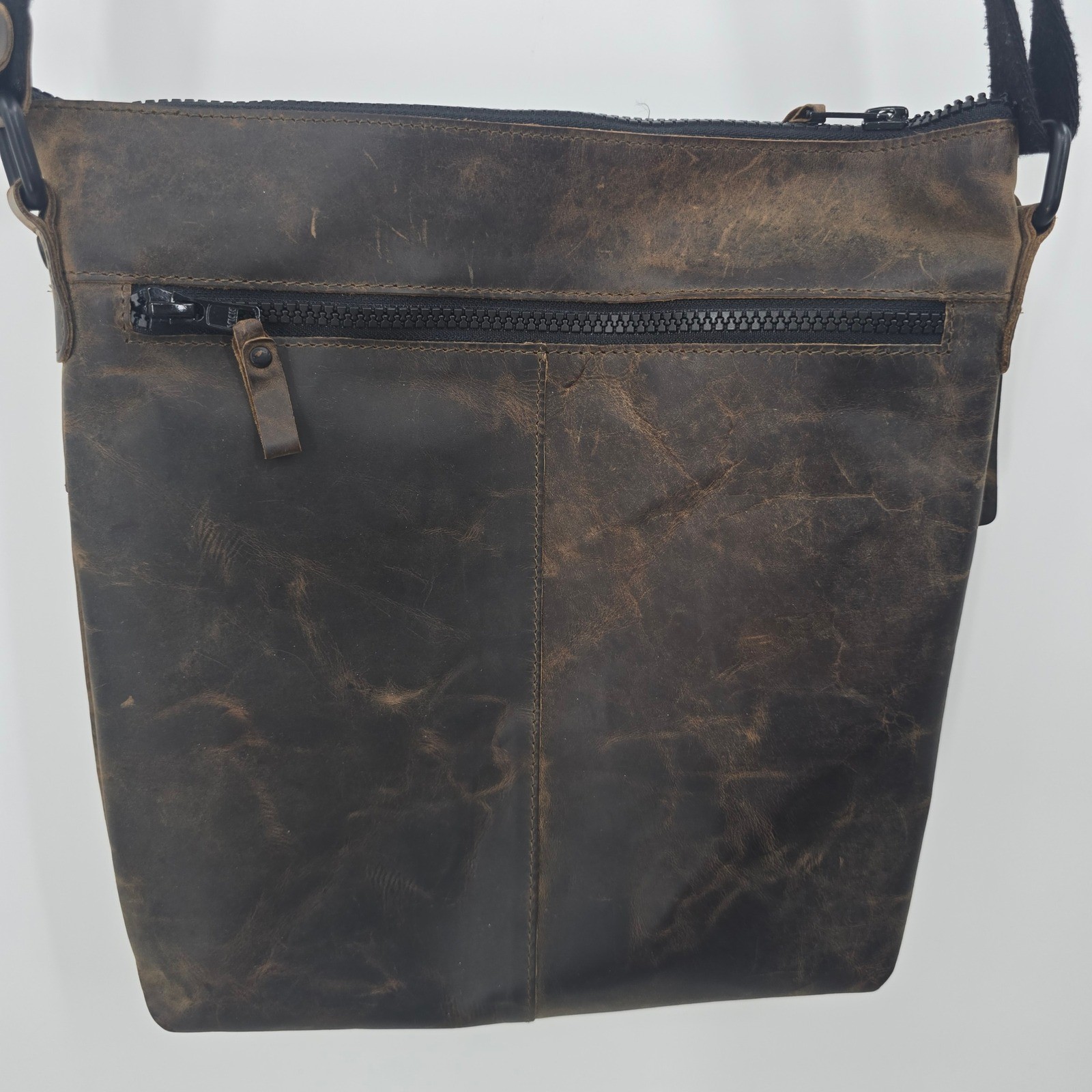 Faux Leather Front Pocket Crossbody Bag Brown Distressed Messenger