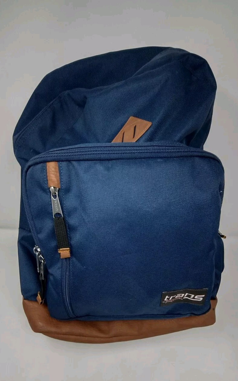 Jansport Trans Navy Blue Canvas Backpack with Leather Bottom