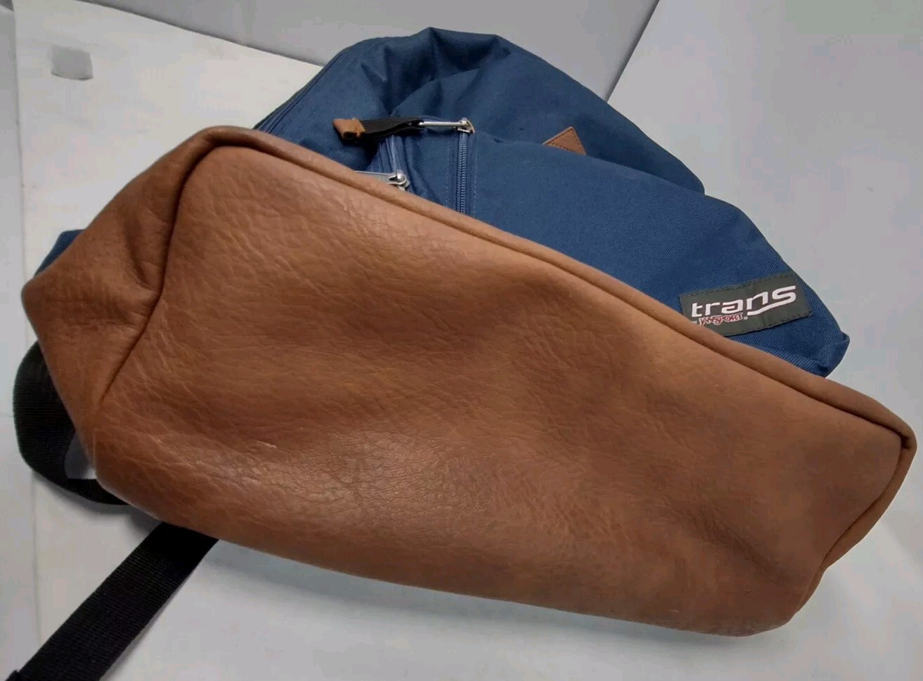 Jansport Trans Navy Blue Canvas Backpack with Leather Bottom