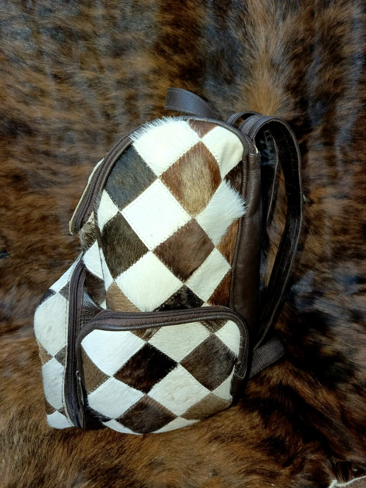 Black White Cowhide Leather Backpack | Real Hair-On Cowhide Western Rucksack Bag