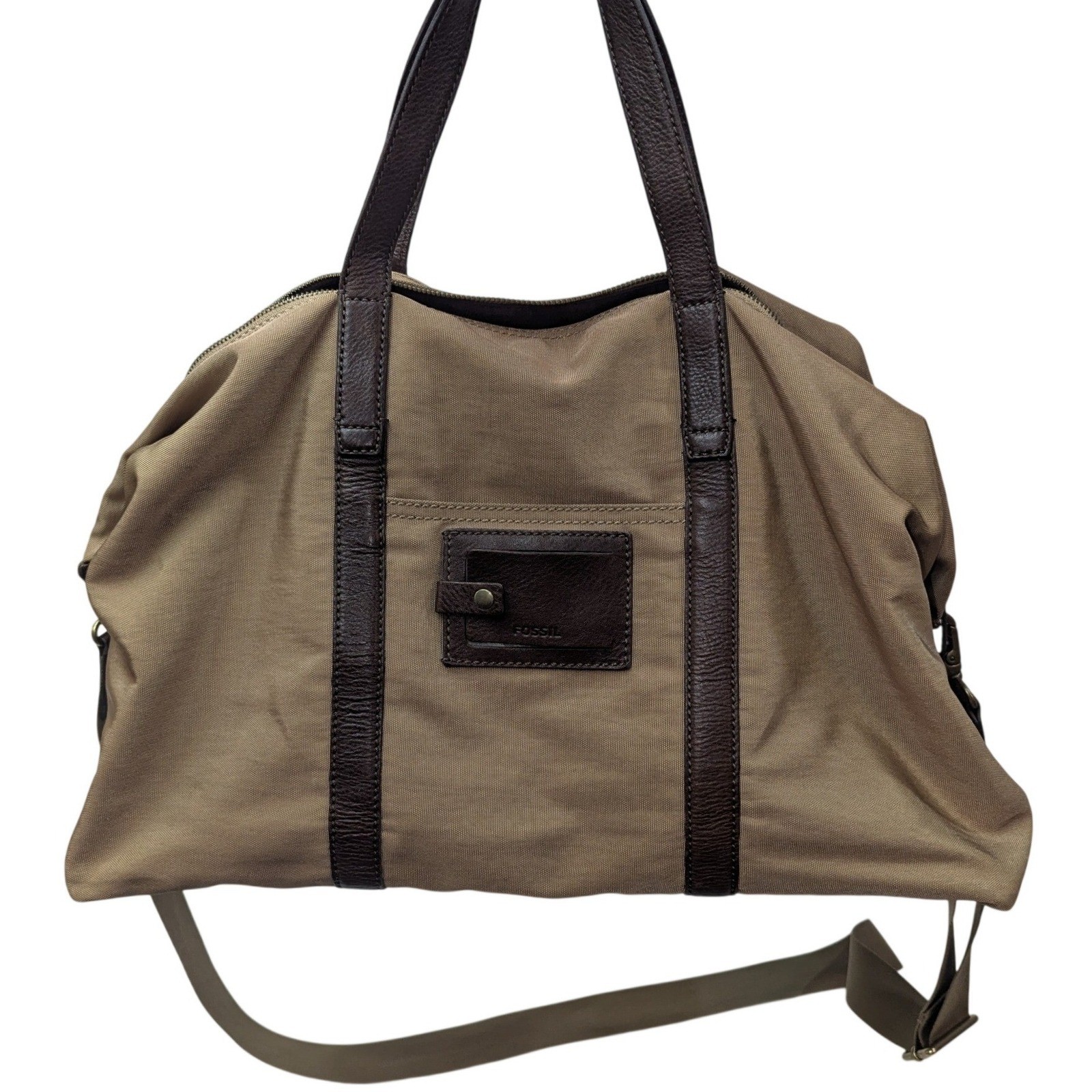 Fossil Duffle Bag Tan Canvas Brown Leather Trim Weekender Travel Luggage Large