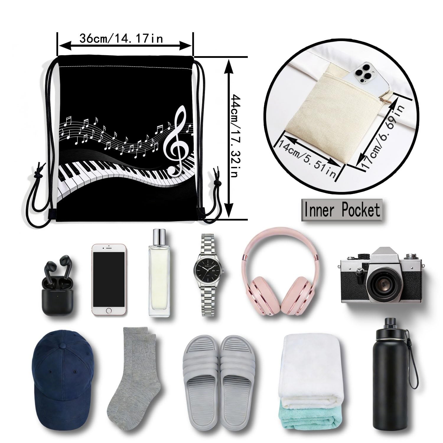 Piano Music Score Drawstring Backpack, Adjustable Cord & Inner Zipper Pocket …