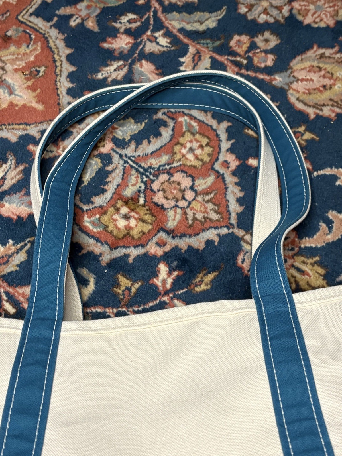 LL Bean Boat & Tote Bag Medium Royal Blue Turquoise Long Handle EUC Purse