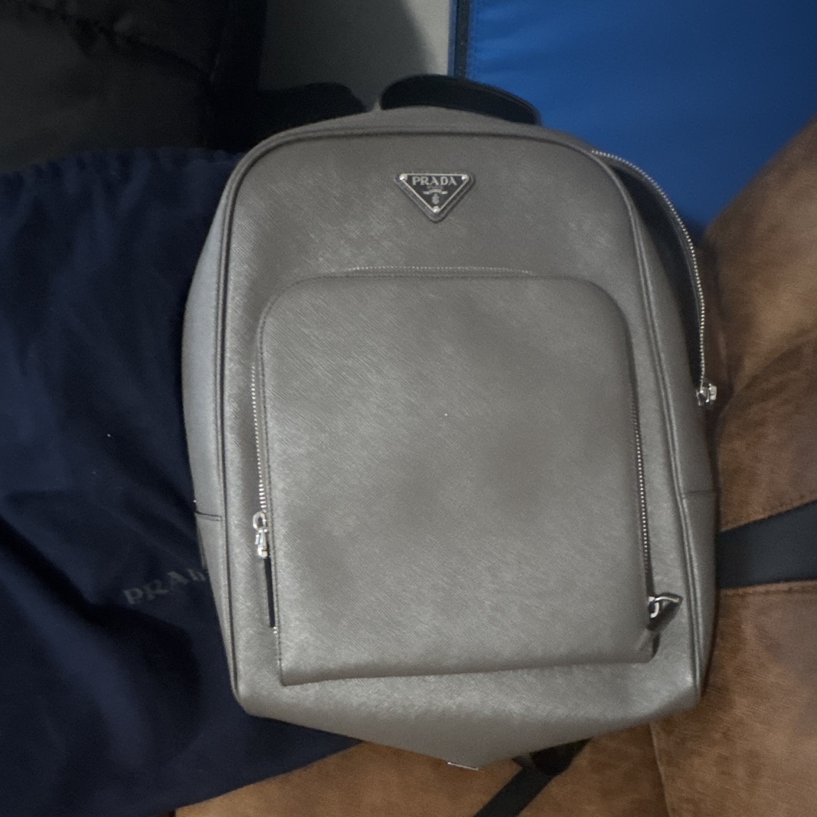 PRADA Men’s Gray Zip Backpack with Shoulder Strap, Solid Casual Travel