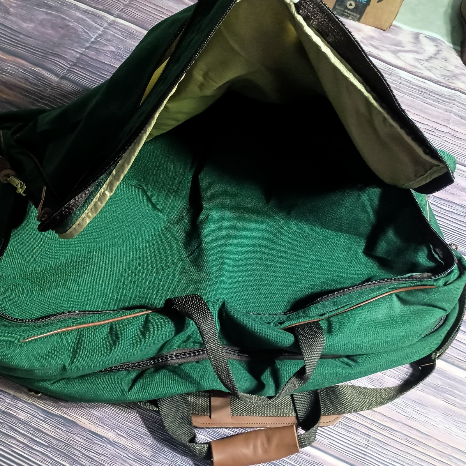 Vintage LL Bean Green Brown Canvas Weekender Bag Full Zip Luggage Leather Trim