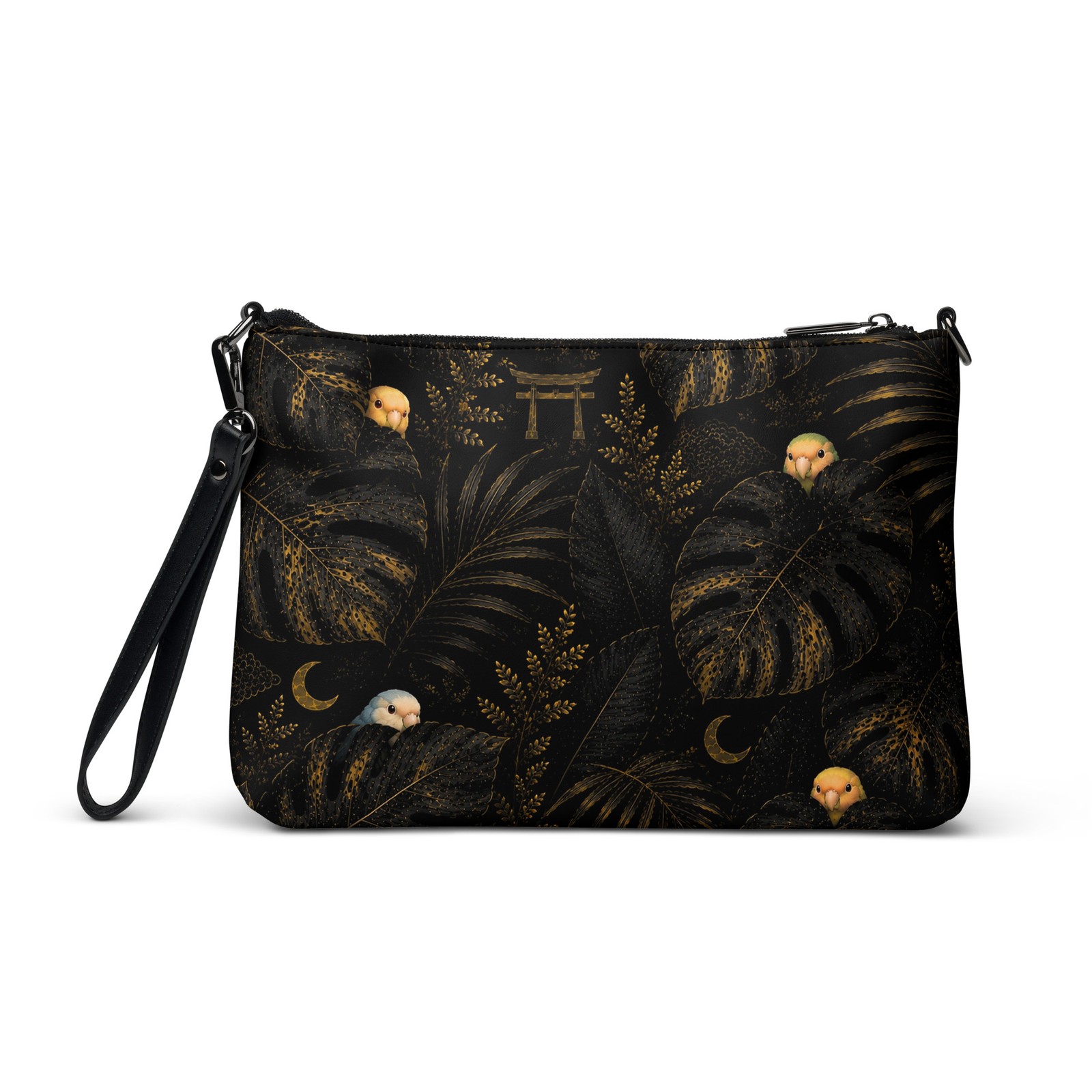 Lovebird Crossbody Bag, Black Gold Bird Purse, Faux Leather Handbag