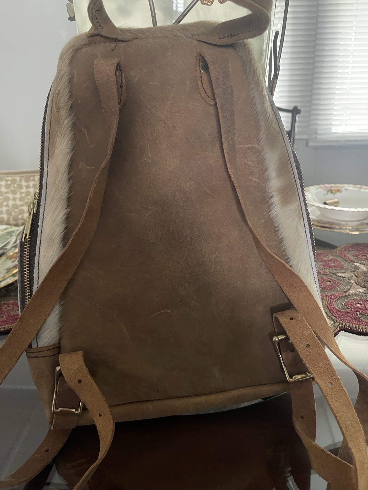 Unisex Medium Colorblock Backpack Brown Beige White Zip Closure Adjustable Strap