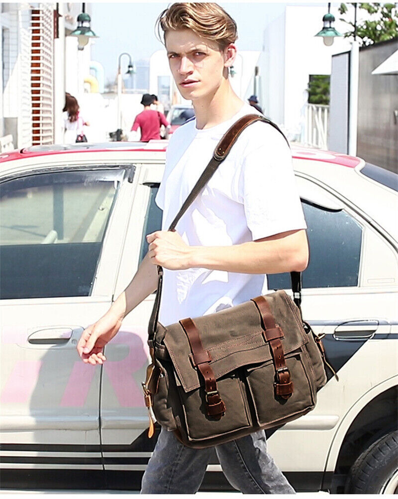 Military Canvas Genuine Leather Shoulder Crossbody Casual Bag Men Messenger Bags