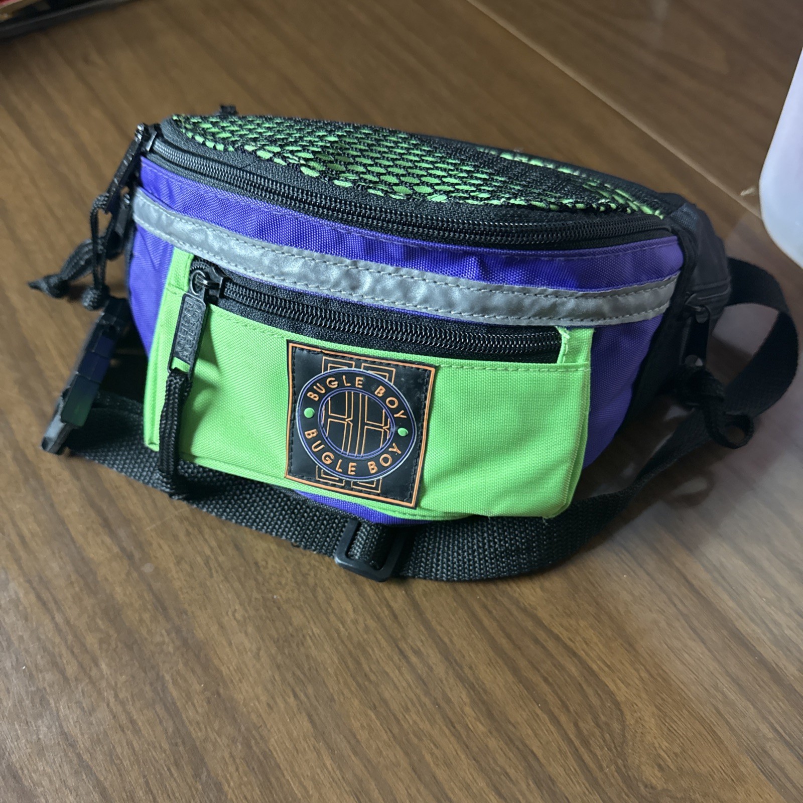 Vintage Bugle Boy Waist Bag Athletic Gym 80s 90s Neon Green Purple Fanny Pack