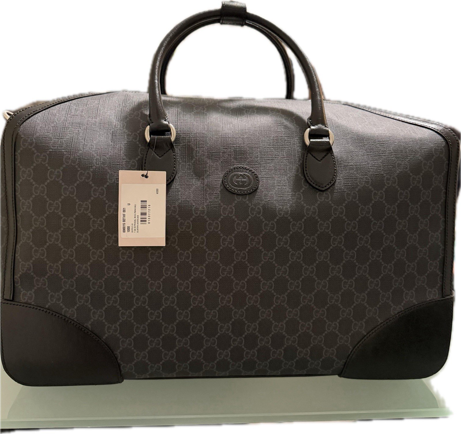 NEW Gucci GG Supreme Large Duffle Bag Black Canvas Leather Travel Weekender