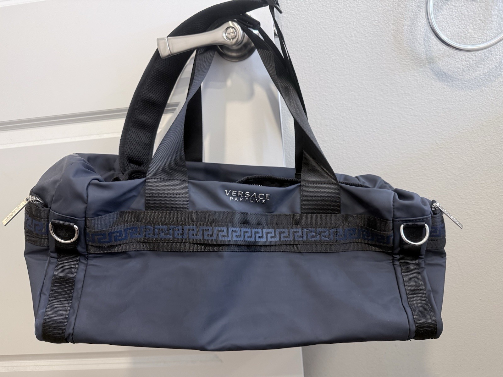 Versace Parfums Duffle Bag Black Navy Greca Weekender Travel Gym Bag w Dust Bag