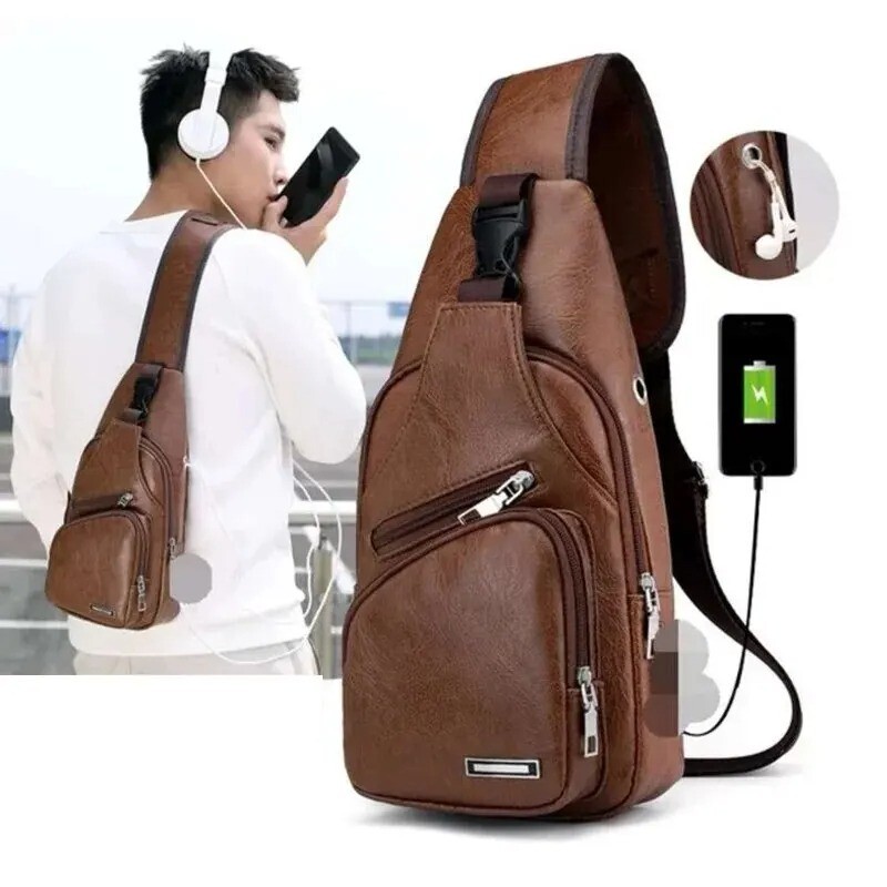 Men’s Casual Chest Bag PU Leather USB Charging Crossbody Travel Shoulder Bag