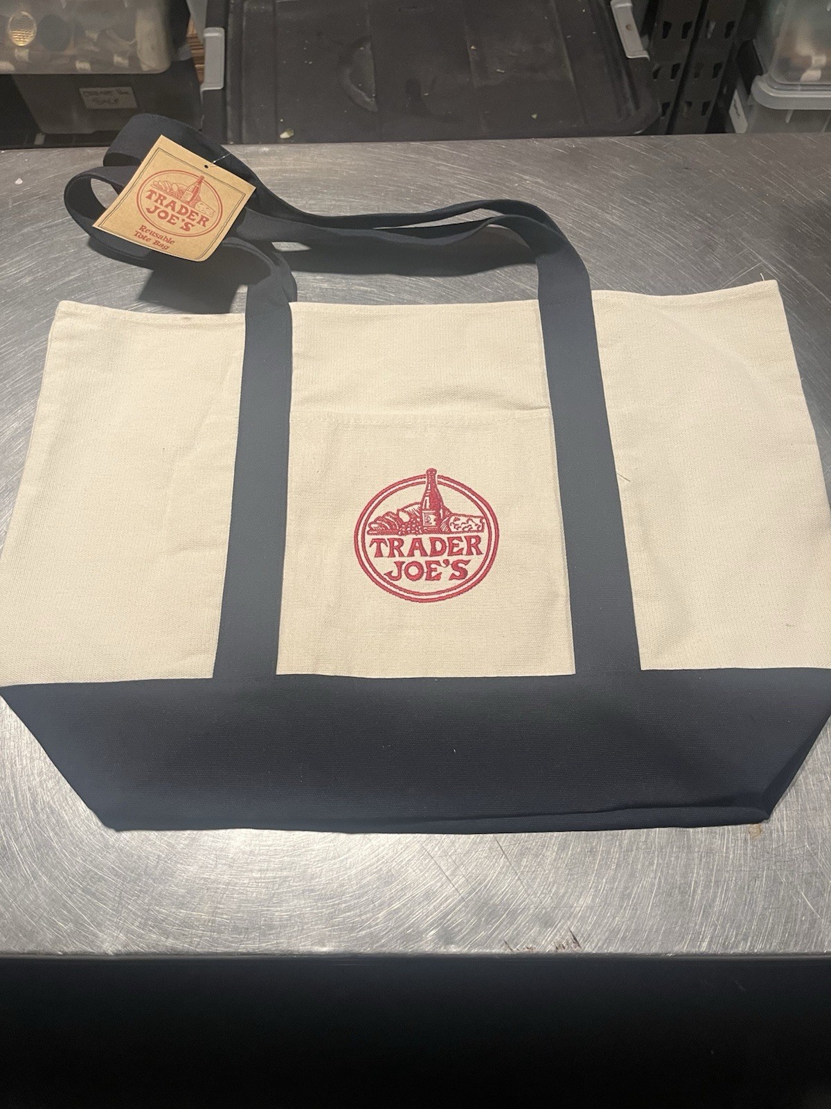 Trader Joe’s tote Bag Canvas BlueWhite Size L (20.5 × 14) Inches New With Tag