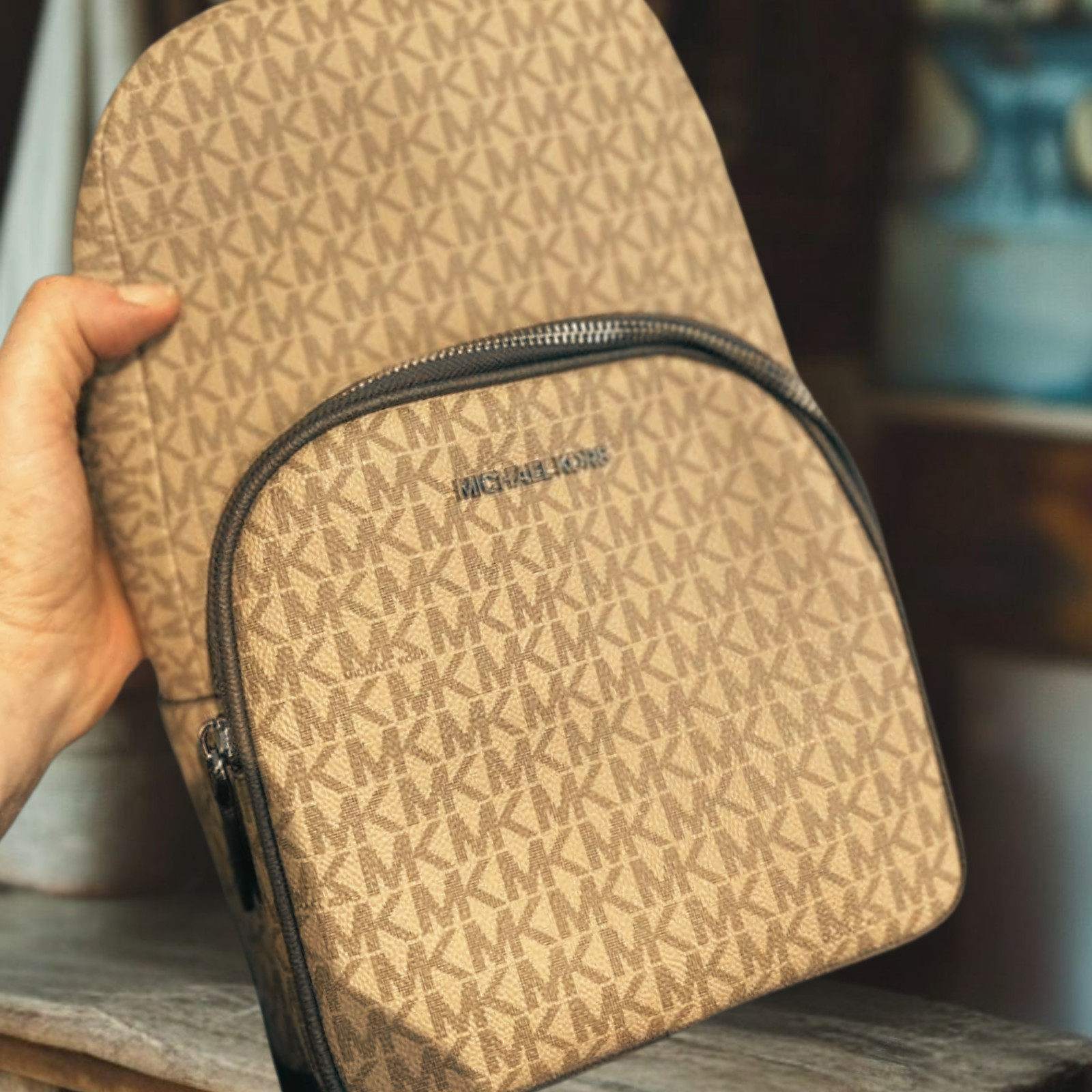 Michael Kors Cooper Men MK Logo Print Canvas Crossbody Sling Pack Bag Camel