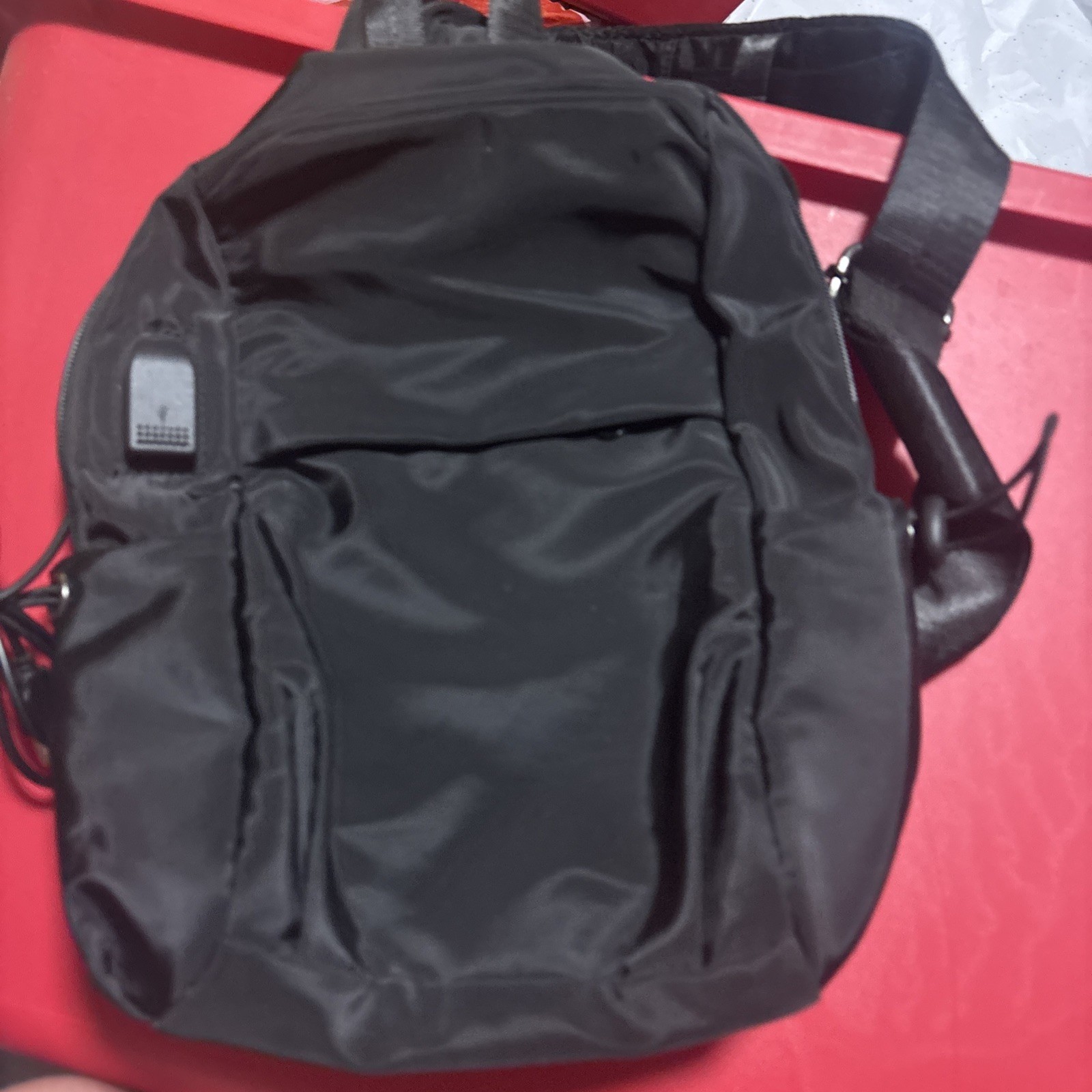 Black Nylon Backpack/Crossbody Bag, With Charging Cable, Lightweight,