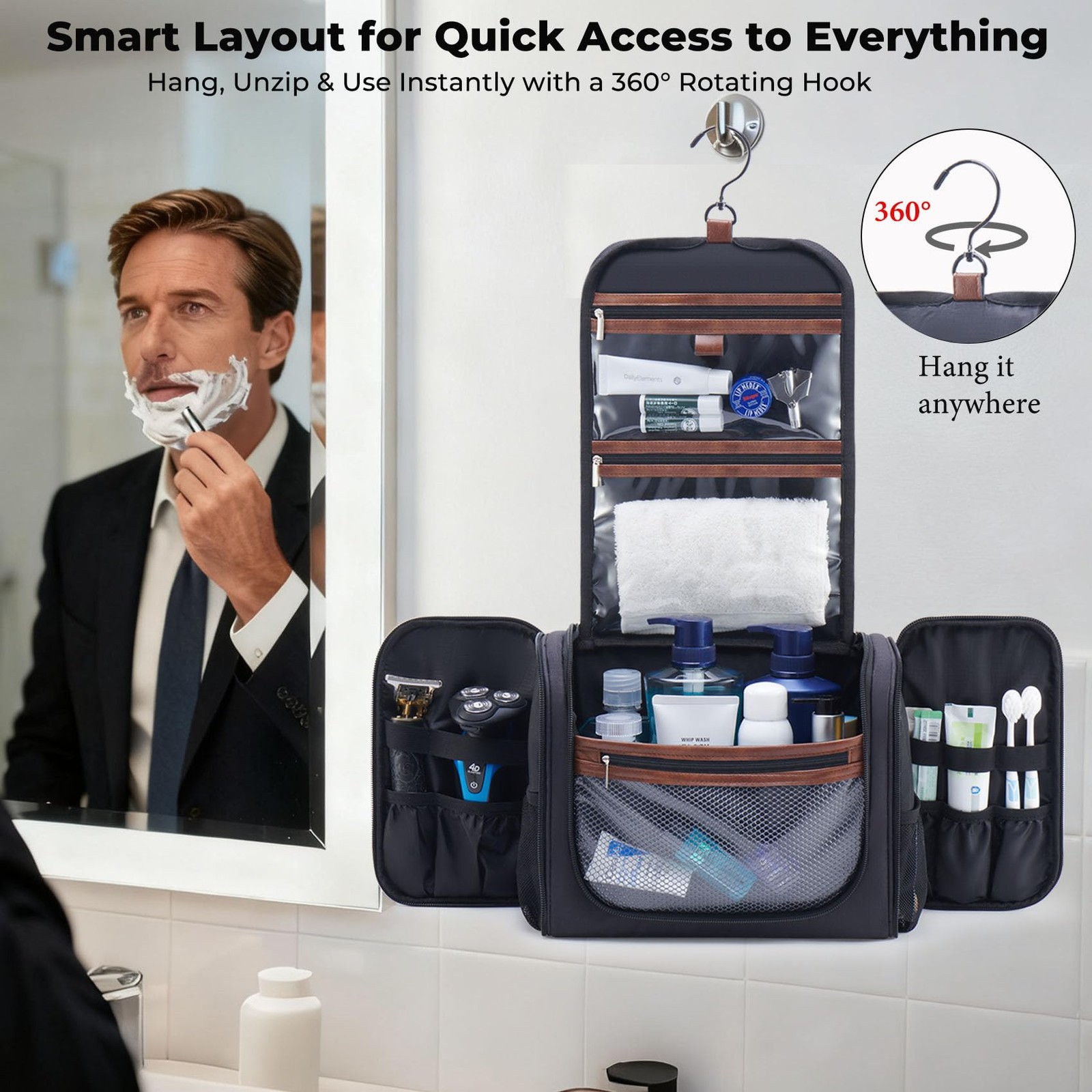 Ralnitote Large Hanging Toiletry Bag for Men, 11.8″ x 5.5″ x 9.4″, Black
