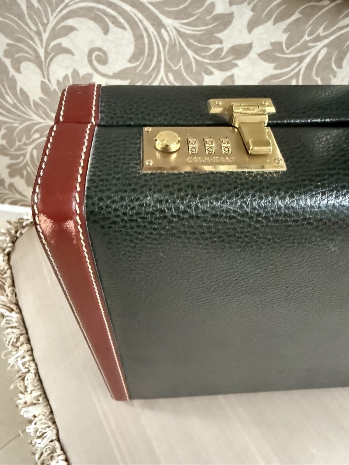 Cole Haan Leather Attache Hard Briefcase Hunter Green & Saddle Trim
