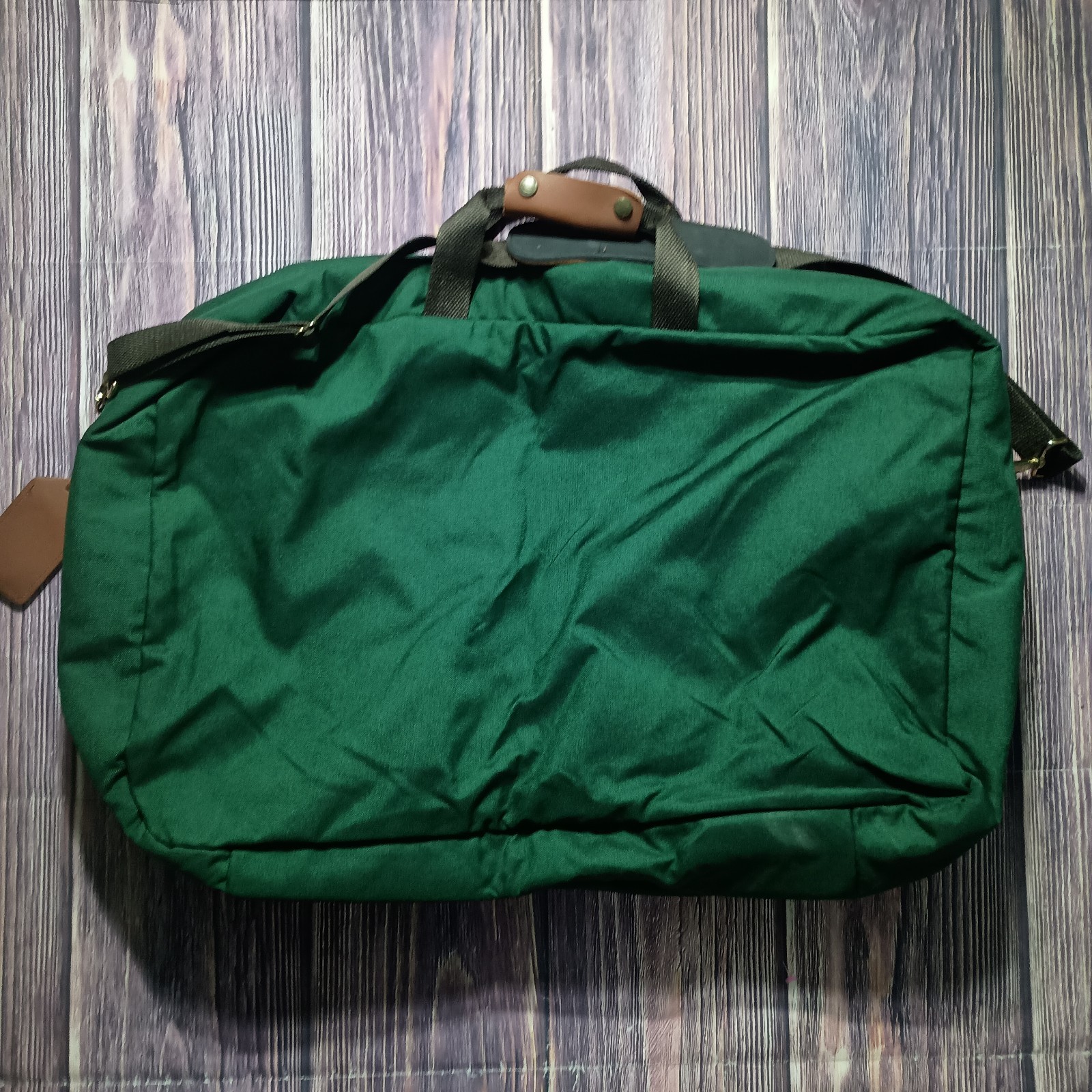 Vintage LL Bean Green Brown Canvas Weekender Bag Full Zip Luggage Leather Trim