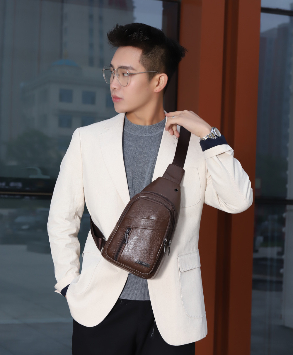Men Crossbody Bag PU Leather Chest Bag Travel Leisure Bag Mobile Phone Bag Gift