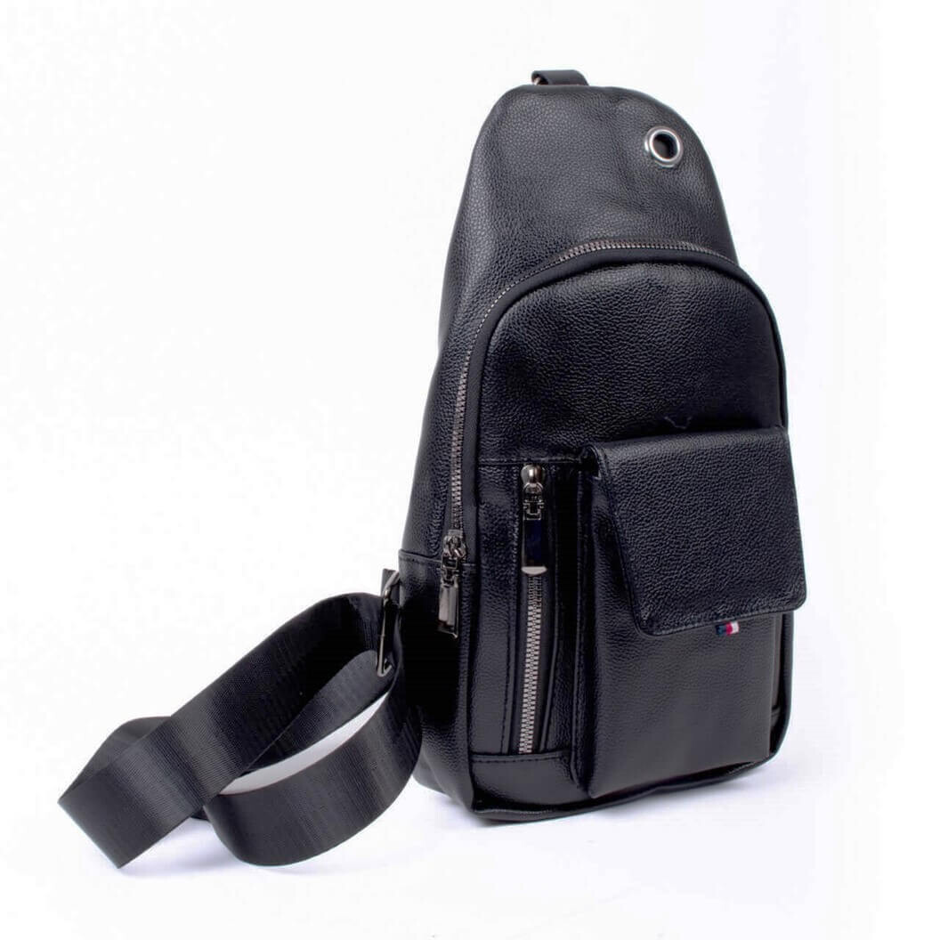 Men’s Crossbody Black Bag Pebbled Faux Leather Multi Zip Pockets Earphone Slot