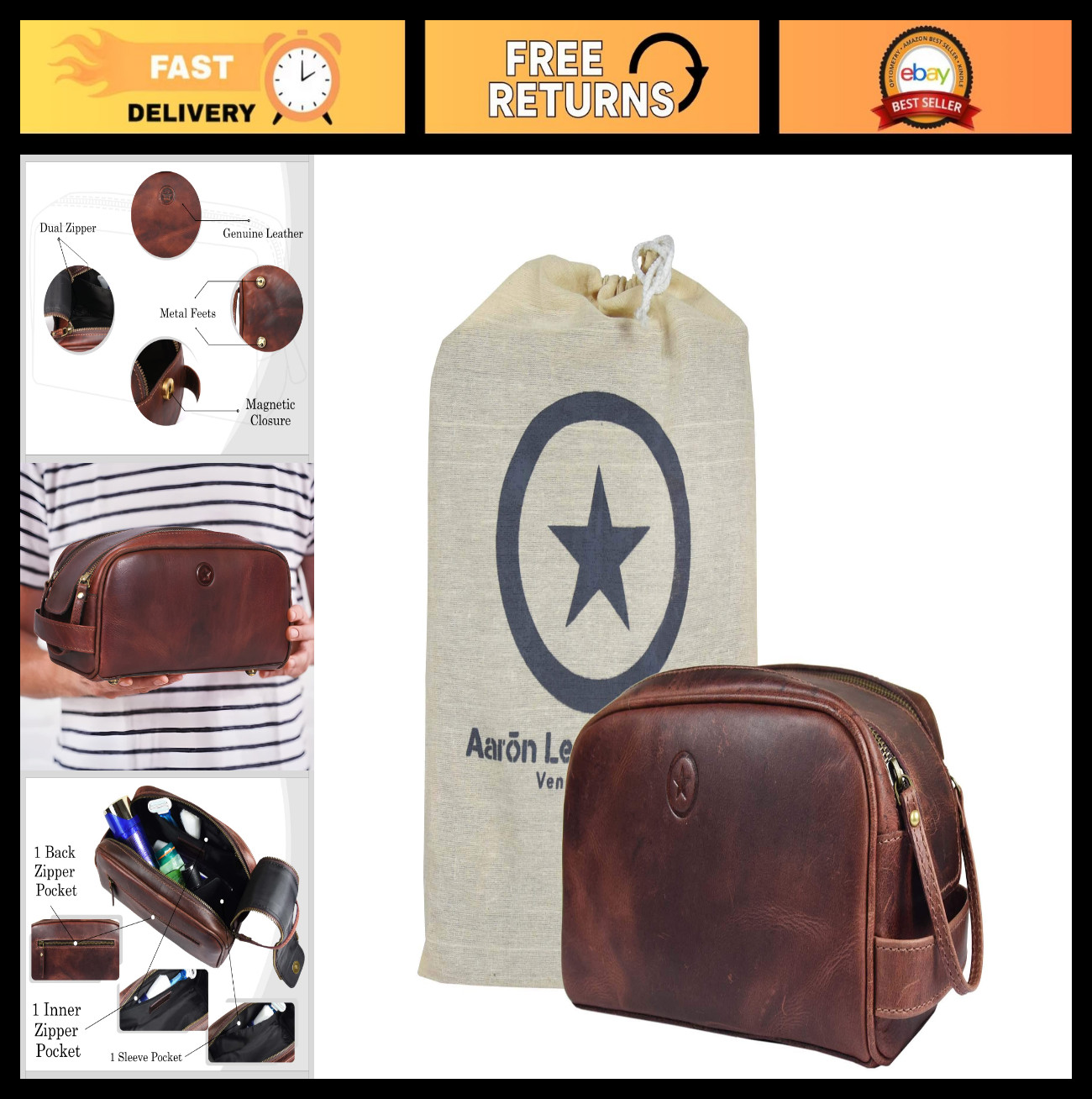 10″ Leather Toiletry Travel Pouch | Waterproof Vintage Dopp Kit – Dark Brown