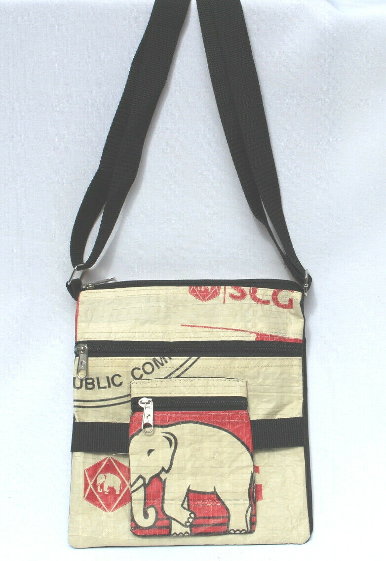 Elephant Brand Recycled Deluxe Flap Bag 4 zip made from Cement Bags in Cambodia