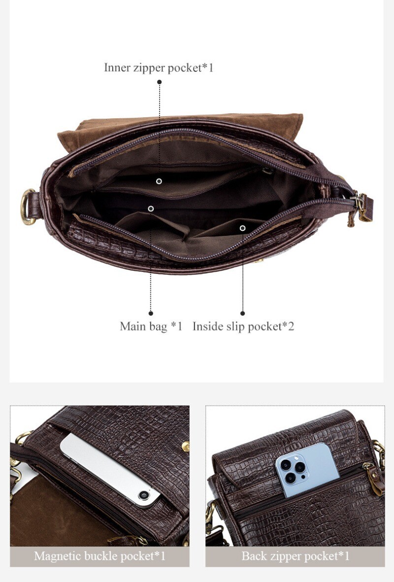 Top Cowhide Leather Men’s Crocodile Pattern Crossbody Shoulder Bag Messenger Bag