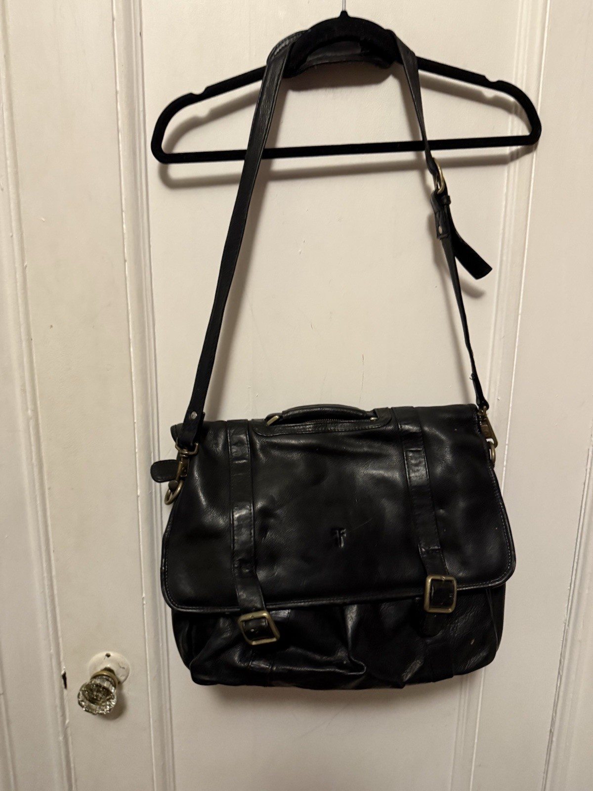 Unisex FRYE Black Leather Satchel Logan Case Organizer Zip Compartments