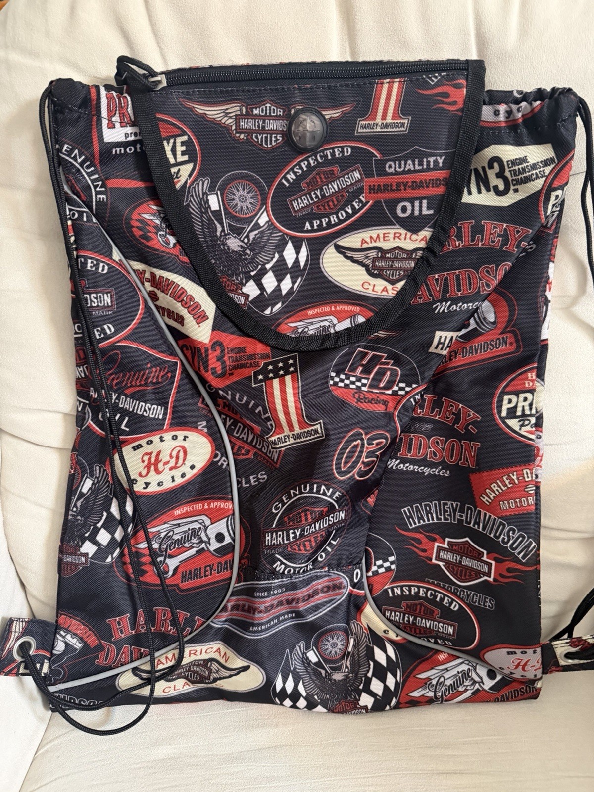Harley Davidson Cinch Sak Patch Logo print Outer Pocket With Headphone Slot