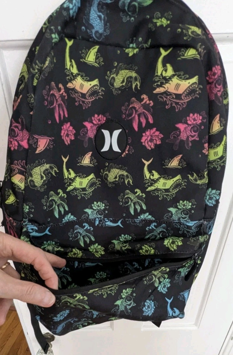 Hurley black ocean theme Shark Fish school backpack book bag READ