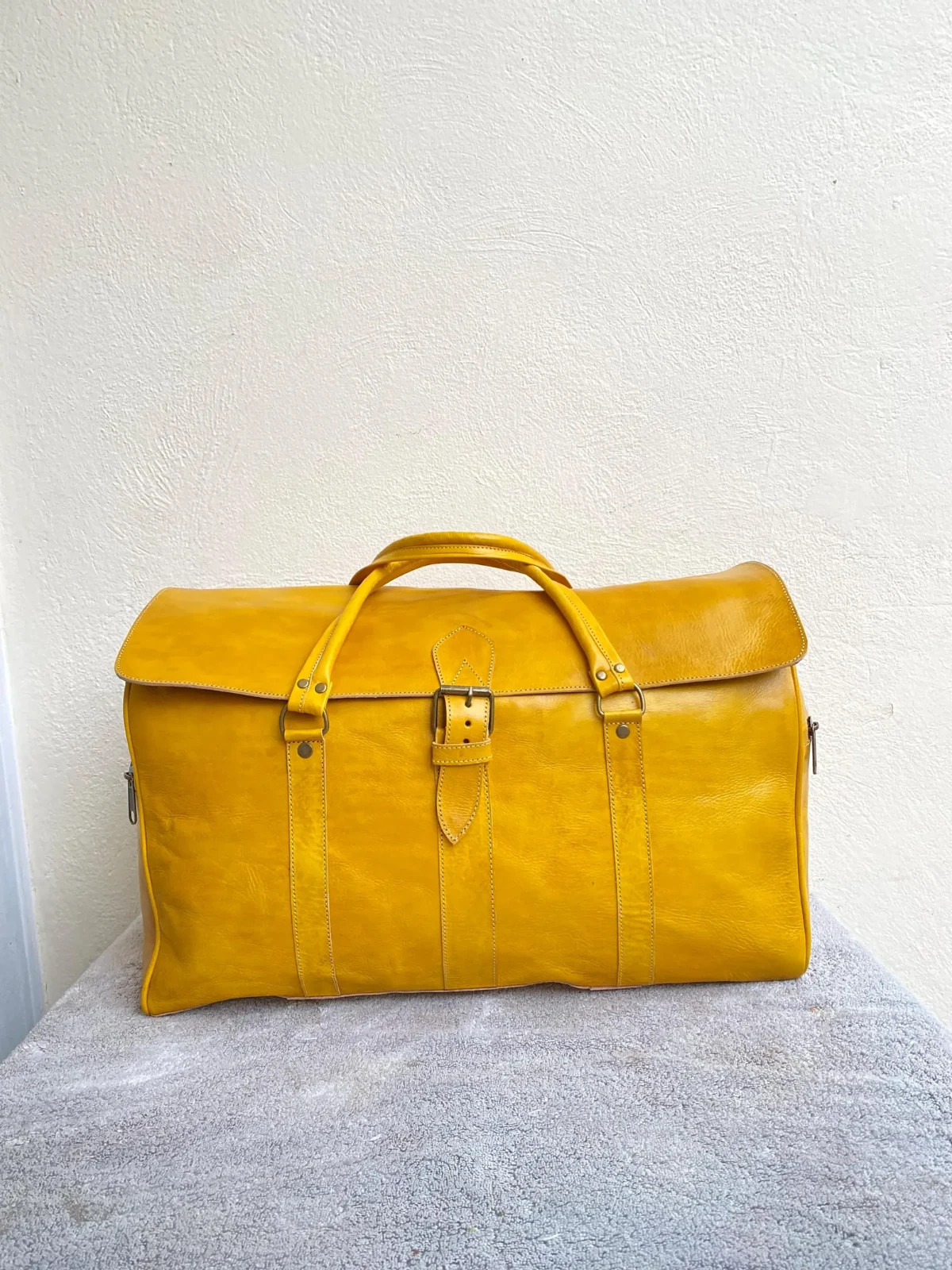 Handcrafted Genuine Leather Travel Bag – Yellow Moroccan Duffel Bag | 55 cm