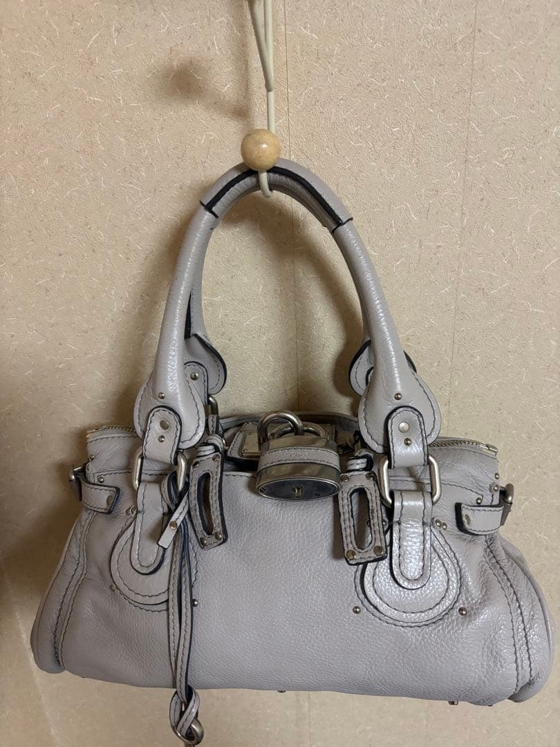 Chloe Paddington Handbag Key Cadena Gray Beige With Guarantee
