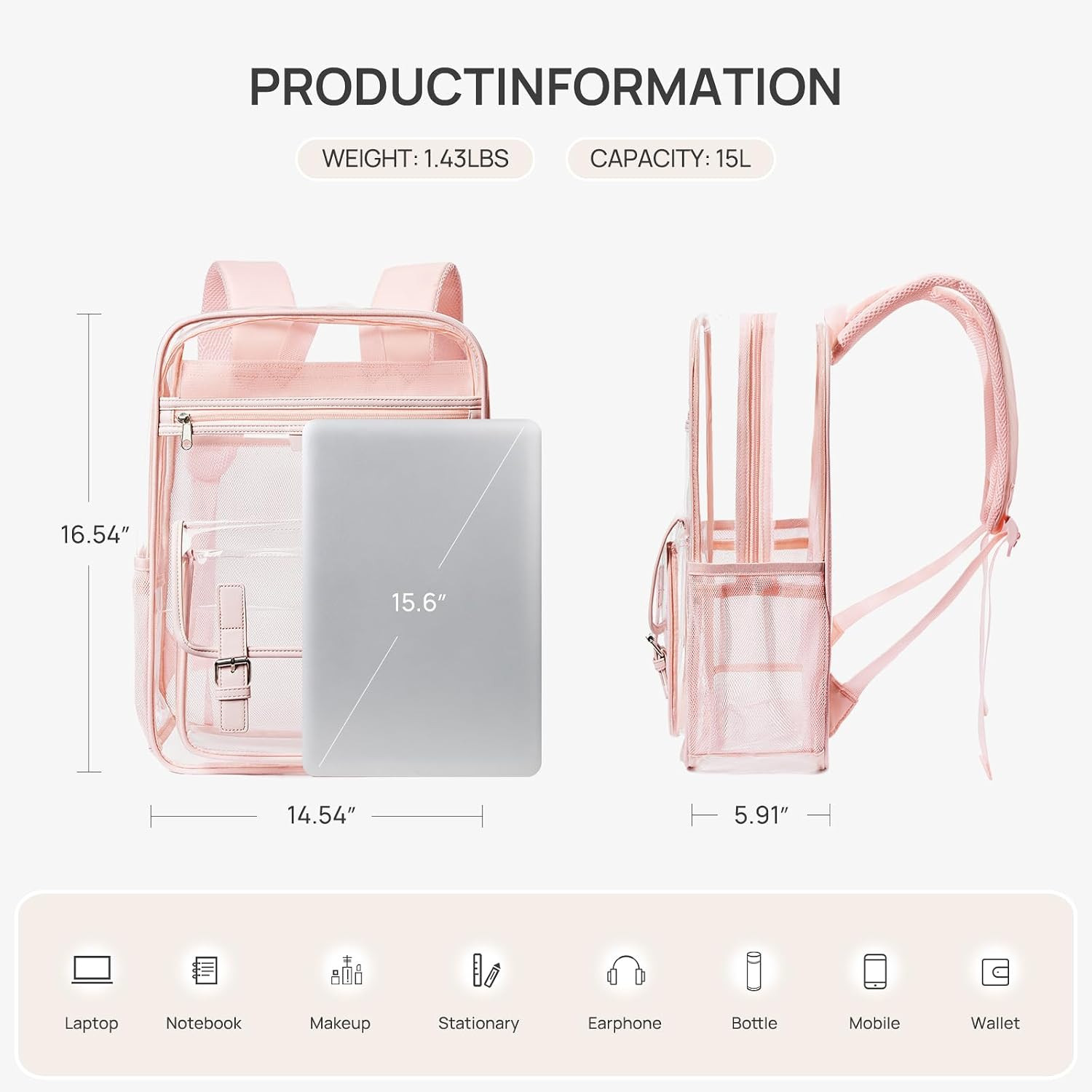 Clear Backpack with Multi-Pockets, Heavy Duty TPU Transparent Bag with Reinforce