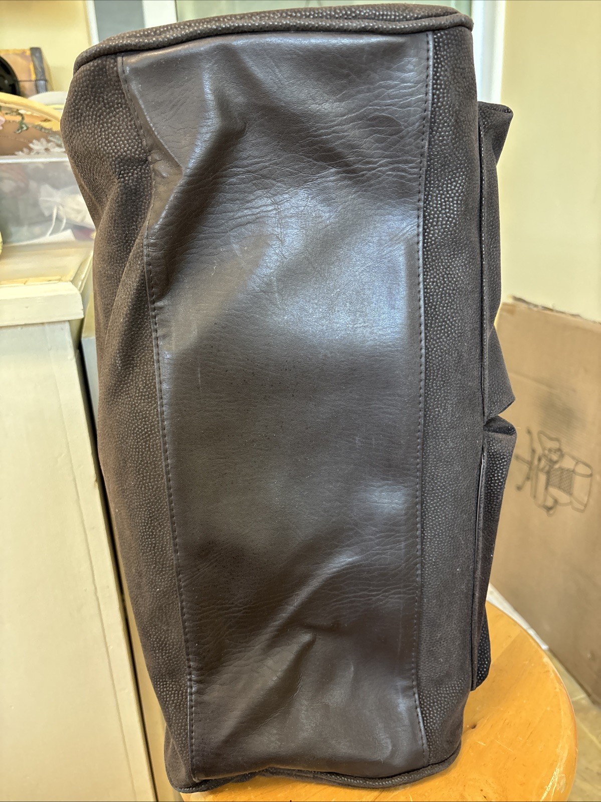 Karl Lagerfeld Duffle Bag Brown Faux Leather Travel Double Top Handles Gym Bag
