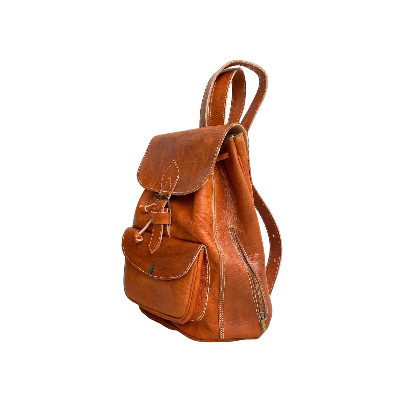 Cognac Leather Backpack Handmade Morocco Button Closure Back Zip Pocket