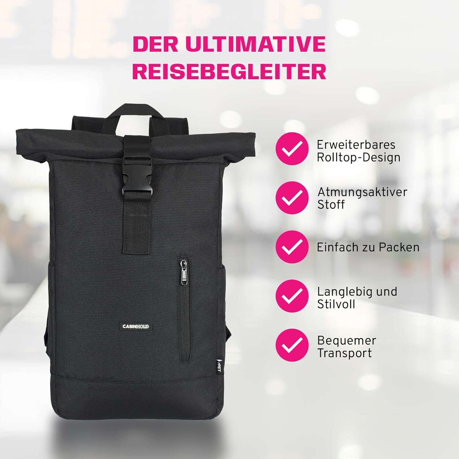 Cabin Bag 40x25x15cm Roll Top Backpack for Ryanair, Wizzair, EasyJet AMS RPET