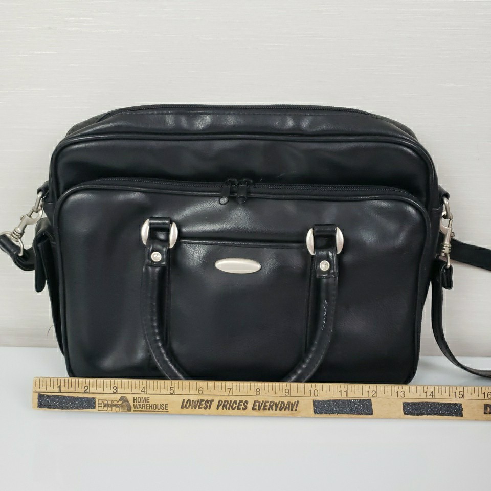 Faux Leather Messenger Bag Briefcase Satchel Black Silver Tone Pockets